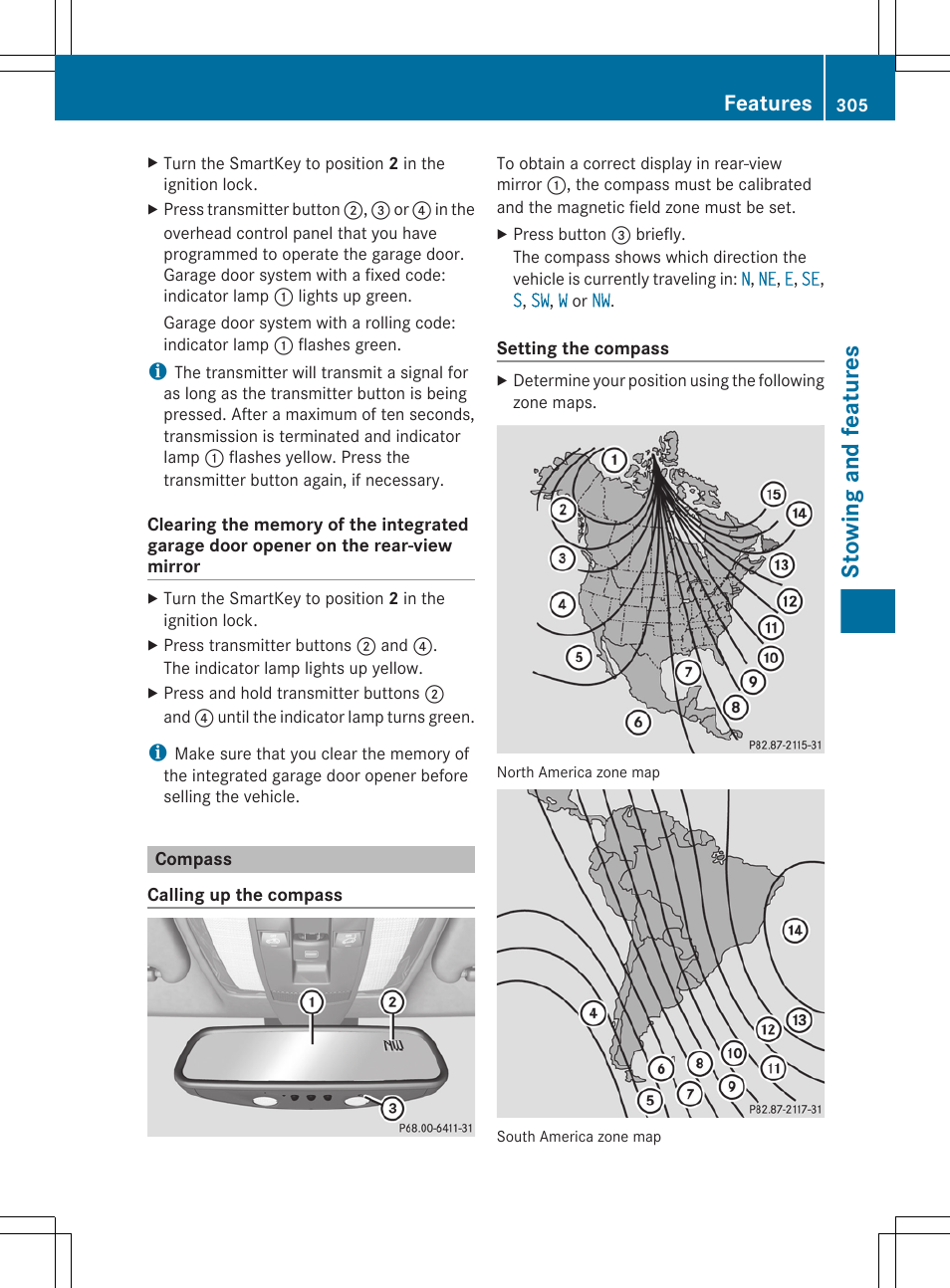 Compass, Stowing and features, Features | Mercedes-Benz E-Sedan 2012 Owners Manual User Manual | Page 307 / 396