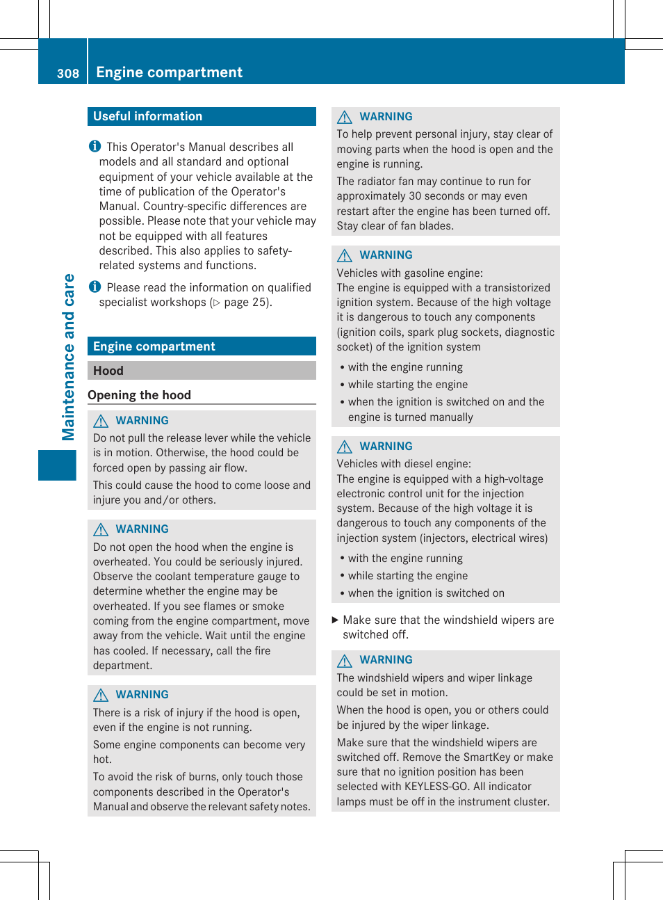 Maintenance and care, Useful information, Engine compartment | Hood | Mercedes-Benz E-Sedan 2012 Owners Manual User Manual | Page 310 / 396