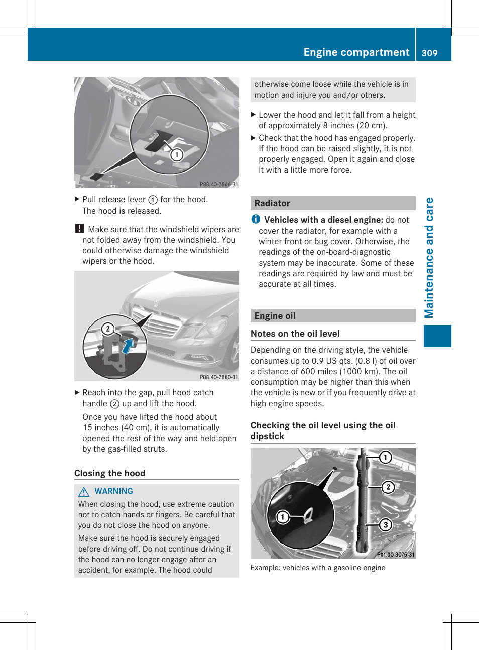 Radiator, Engine oil, Maintenance and care | Engine compartment | Mercedes-Benz E-Sedan 2012 Owners Manual User Manual | Page 311 / 396