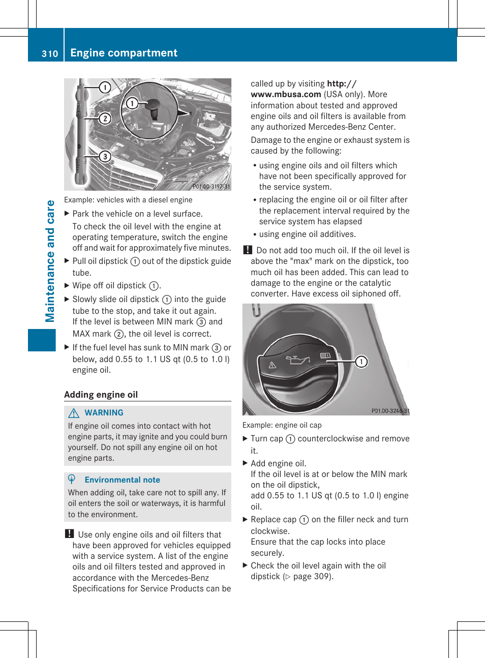 Maintenance and care, Engine compartment | Mercedes-Benz E-Sedan 2012 Owners Manual User Manual | Page 312 / 396