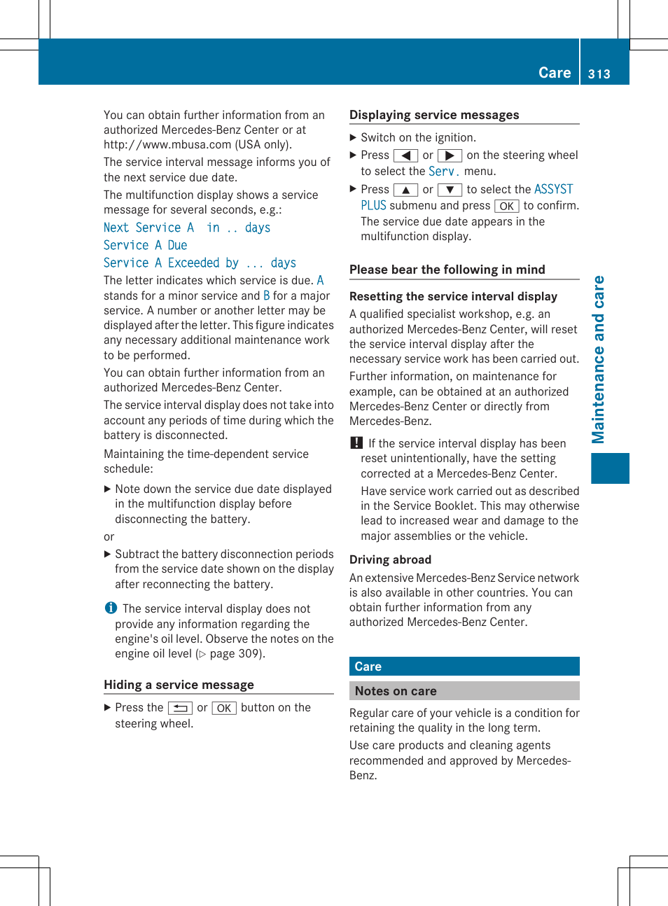 Care, Notes on care, Maintenance and care | Mercedes-Benz E-Sedan 2012 Owners Manual User Manual | Page 315 / 396