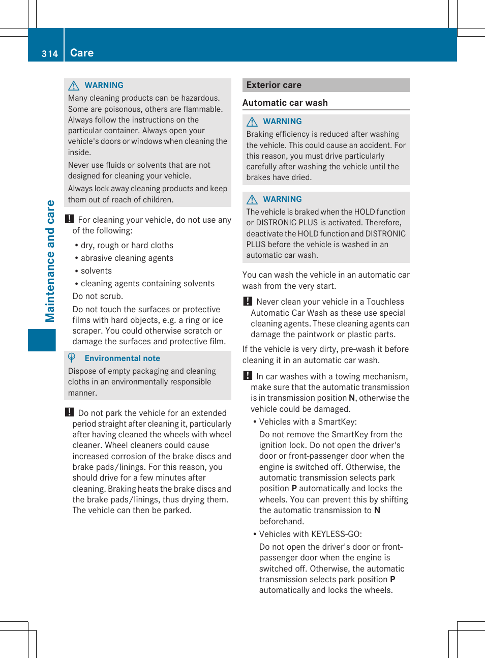 Exterior care, Maintenance and care, Care | Mercedes-Benz E-Sedan 2012 Owners Manual User Manual | Page 316 / 396