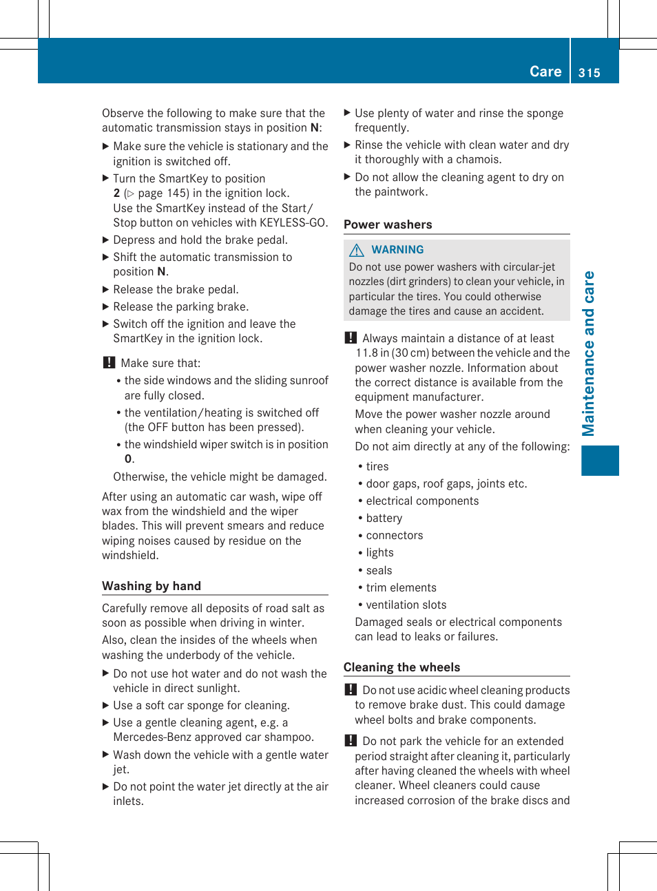 Maintenance and care, Care | Mercedes-Benz E-Sedan 2012 Owners Manual User Manual | Page 317 / 396