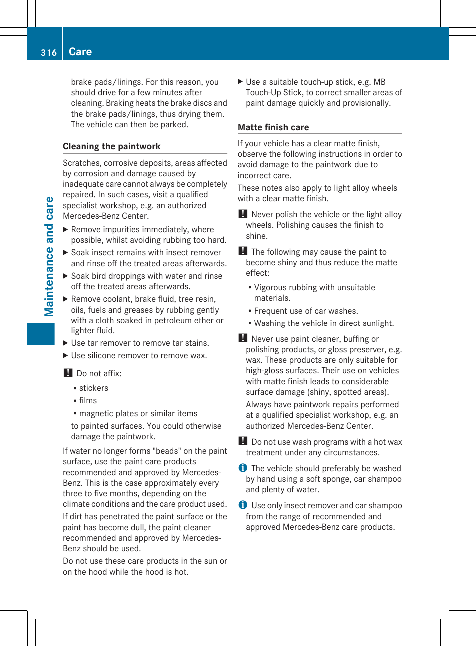 Maintenance and care, Care | Mercedes-Benz E-Sedan 2012 Owners Manual User Manual | Page 318 / 396