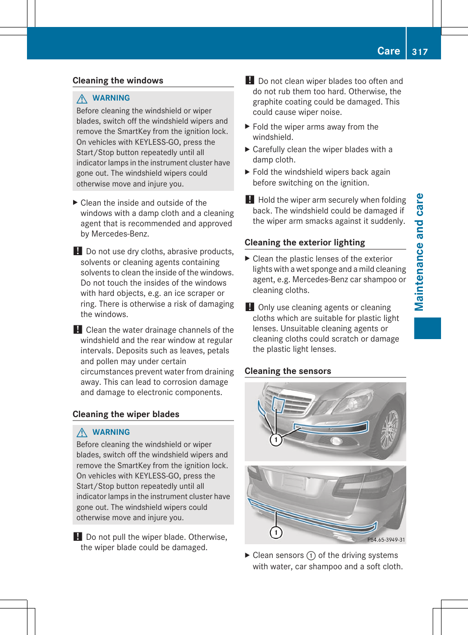 And clean the windshield, Clean the windshield, Clean the bumpers | Clean the sensors, Maintenance and care, Care | Mercedes-Benz E-Sedan 2012 Owners Manual User Manual | Page 319 / 396