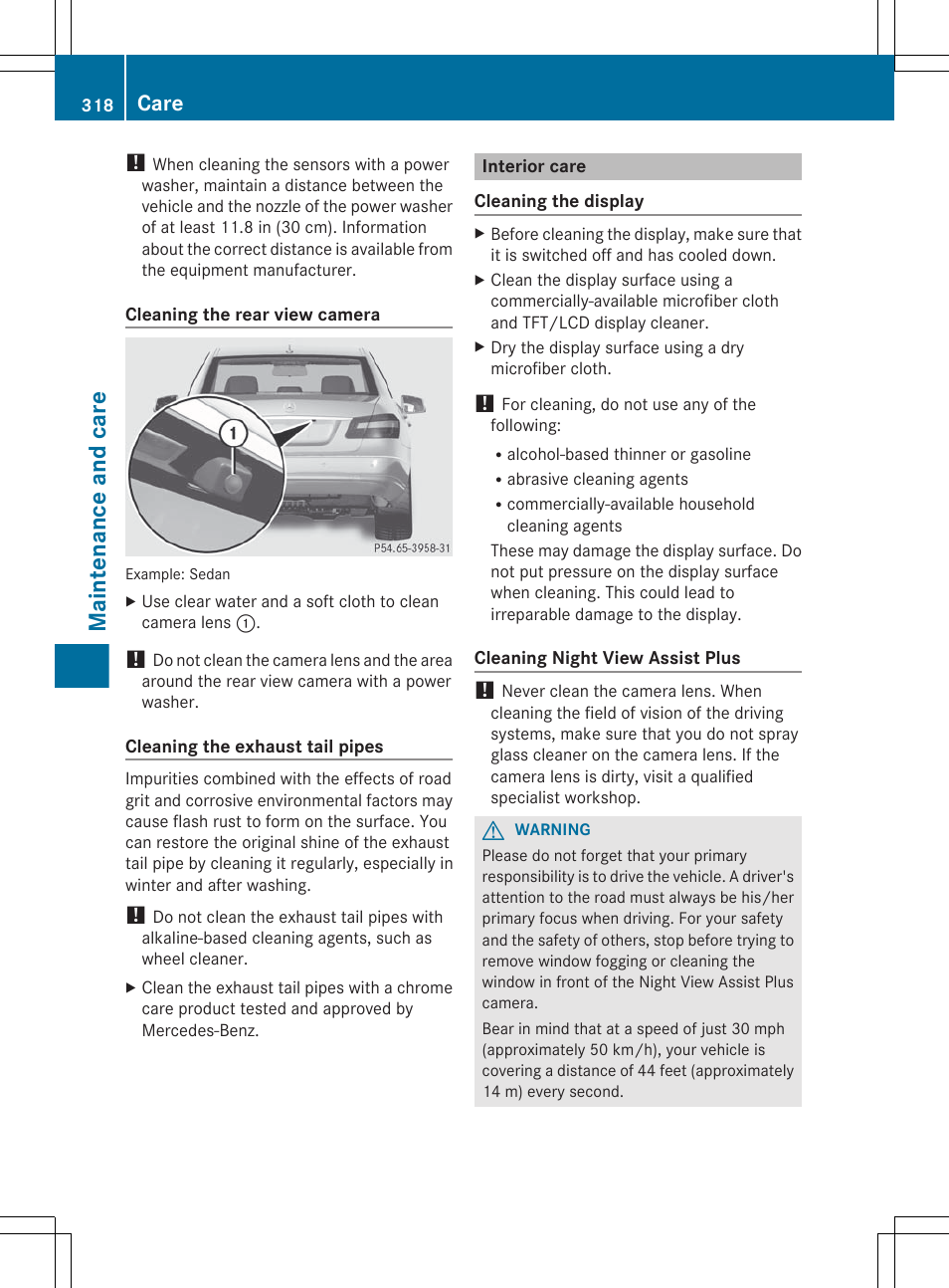 Interior care, Down the camera cover, Fold down the camera cover | Maintenance and care, Care | Mercedes-Benz E-Sedan 2012 Owners Manual User Manual | Page 320 / 396