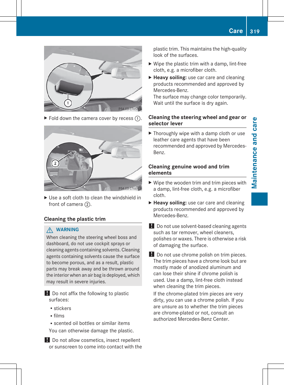 Maintenance and care, Care | Mercedes-Benz E-Sedan 2012 Owners Manual User Manual | Page 321 / 396