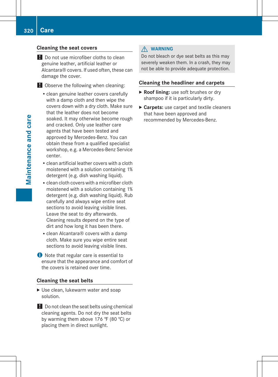 Maintenance and care, Care | Mercedes-Benz E-Sedan 2012 Owners Manual User Manual | Page 322 / 396