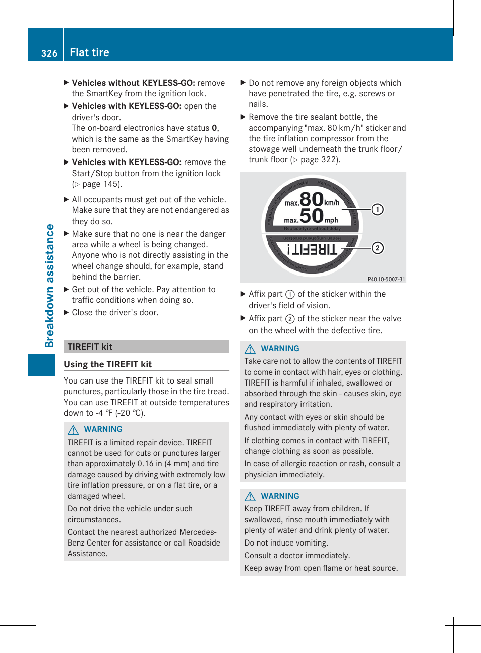 Tirefit kit, Breakdown assistance, Flat tire | Mercedes-Benz E-Sedan 2012 Owners Manual User Manual | Page 328 / 396