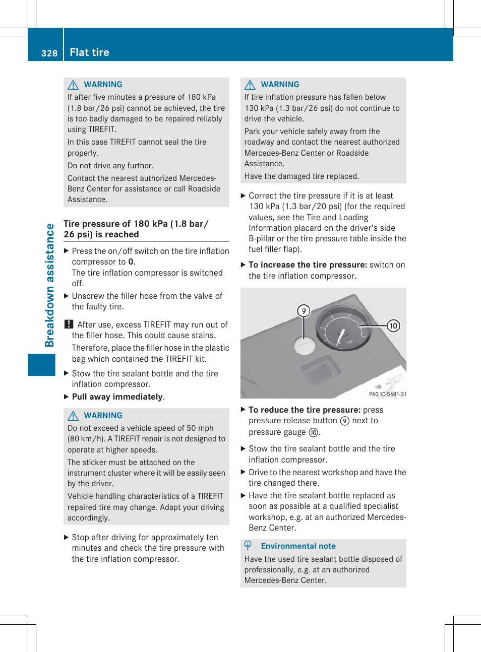 Breakdown assistance, Flat tire | Mercedes-Benz E-Sedan 2012 Owners Manual User Manual | Page 330 / 396