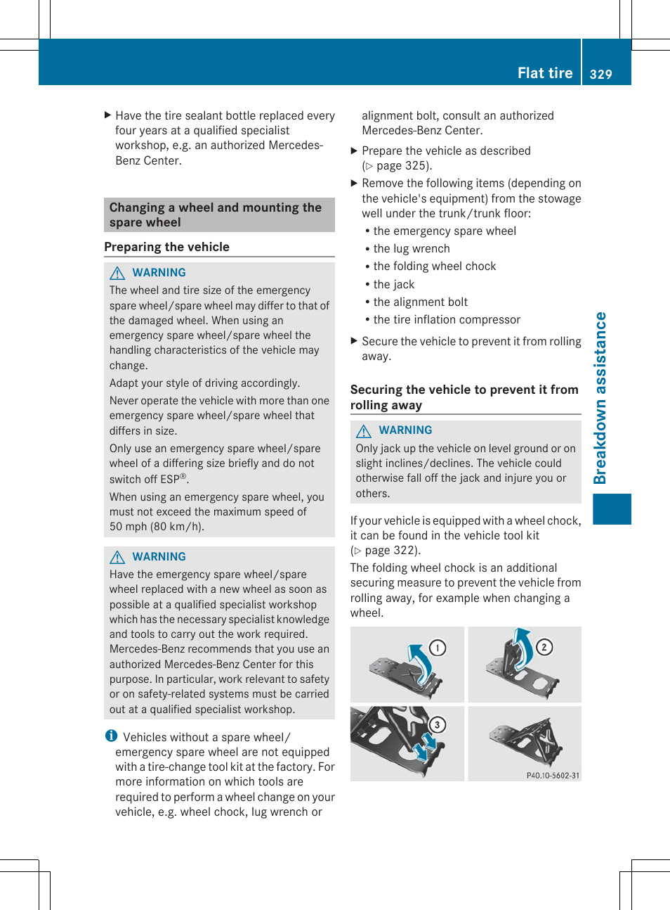 Changing a wheel and mounting the spare wheel, Breakdown assistance, Flat tire | Mercedes-Benz E-Sedan 2012 Owners Manual User Manual | Page 331 / 396