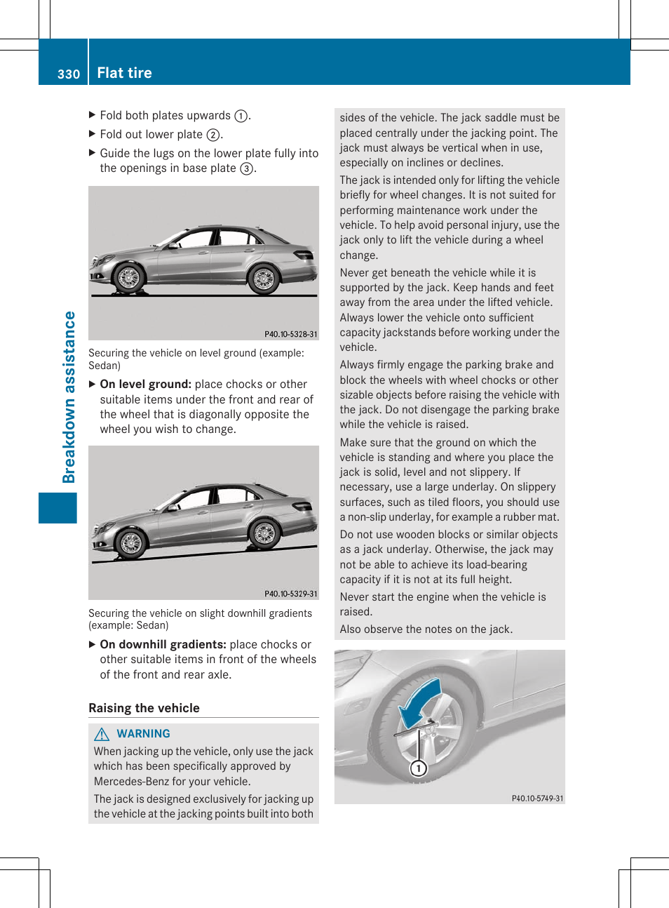 Breakdown assistance, Flat tire | Mercedes-Benz E-Sedan 2012 Owners Manual User Manual | Page 332 / 396