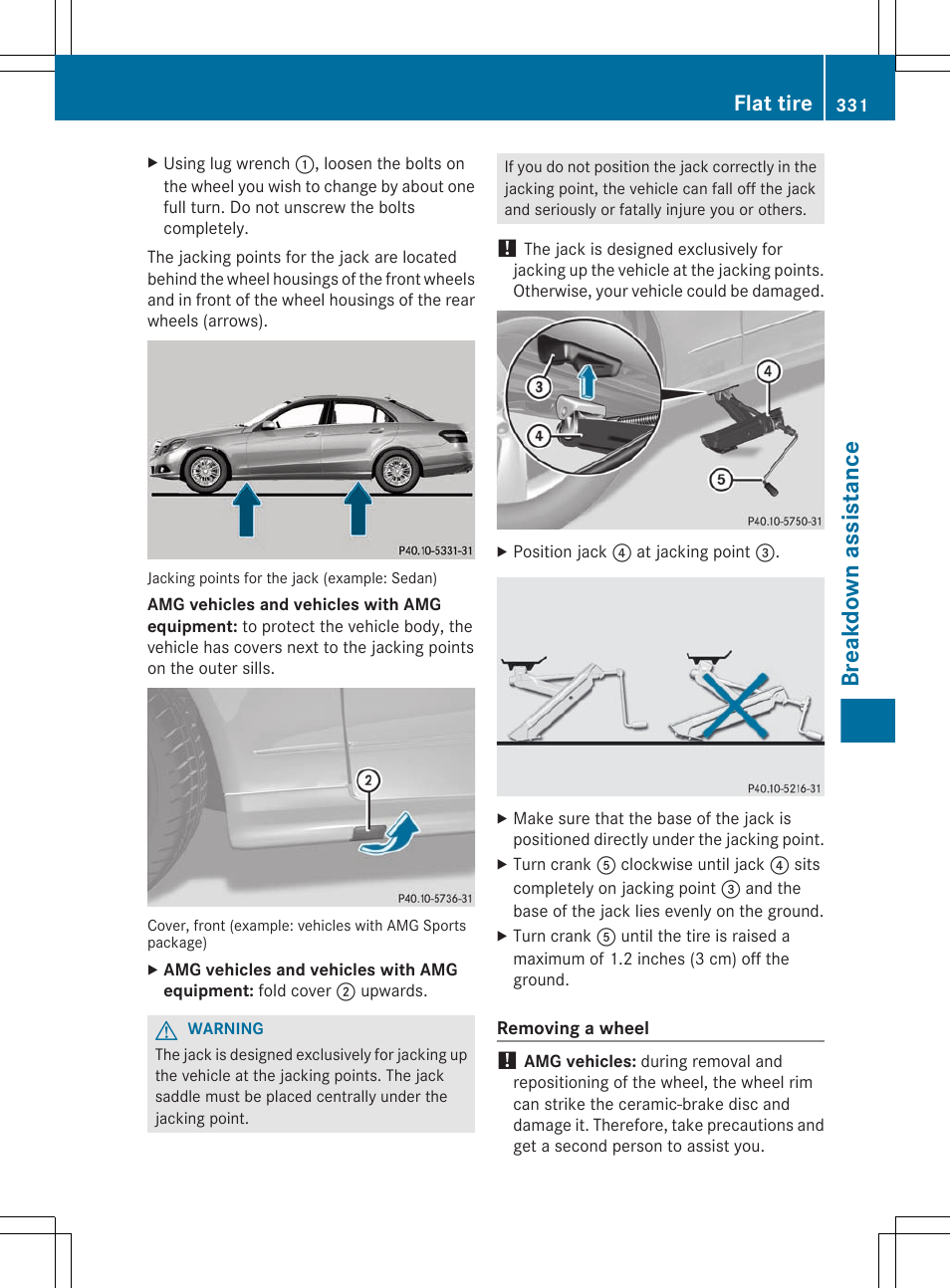 Breakdown assistance, Flat tire | Mercedes-Benz E-Sedan 2012 Owners Manual User Manual | Page 333 / 396