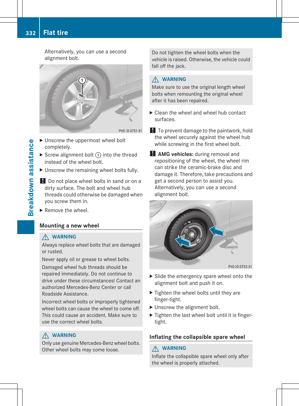 Breakdown assistance, Flat tire | Mercedes-Benz E-Sedan 2012 Owners Manual User Manual | Page 334 / 396