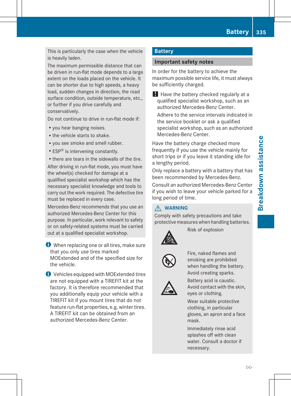 Battery, Important safety notes, Breakdown assistance | Mercedes-Benz E-Sedan 2012 Owners Manual User Manual | Page 337 / 396