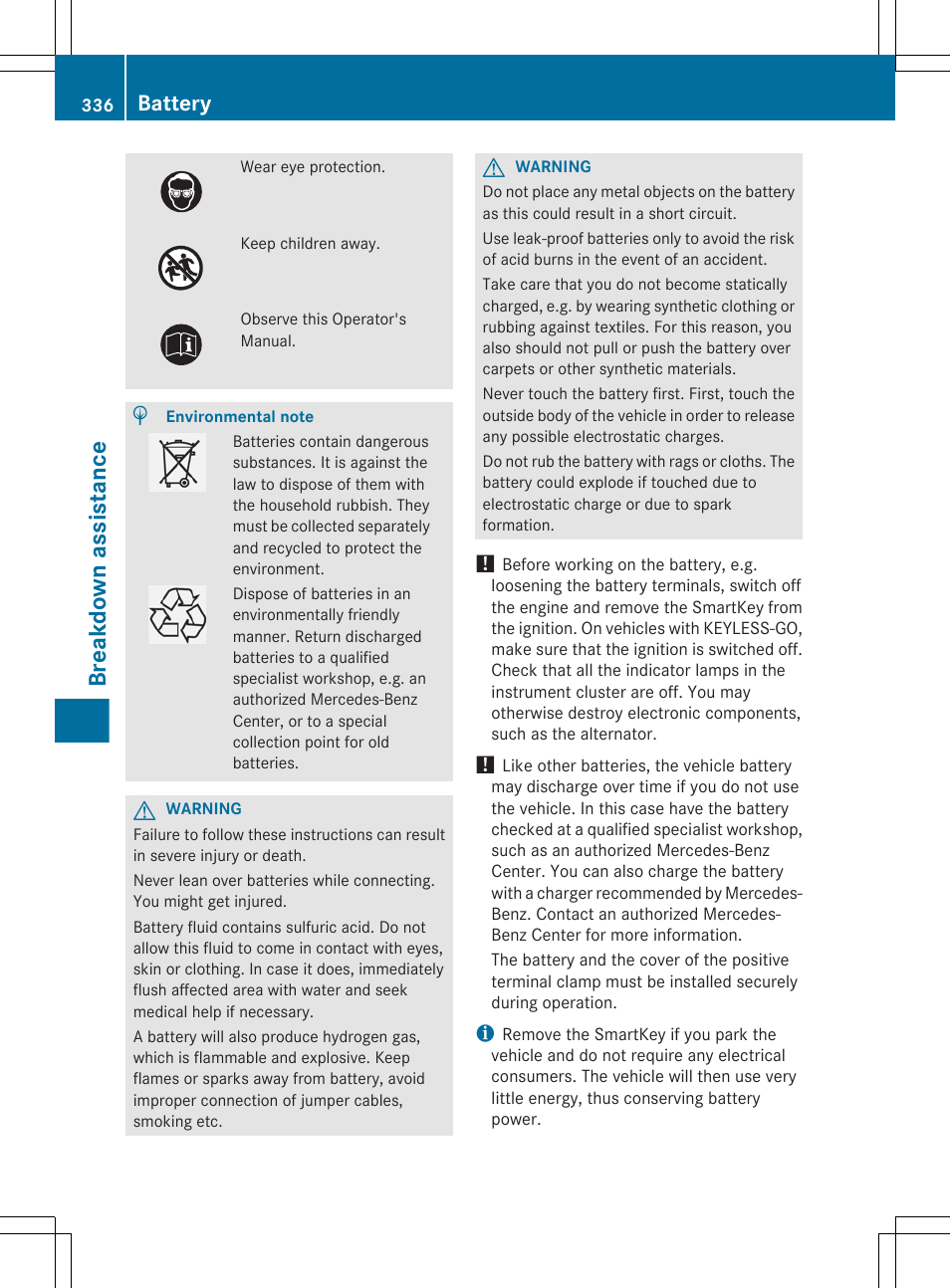 Breakdown assistance, Battery | Mercedes-Benz E-Sedan 2012 Owners Manual User Manual | Page 338 / 396