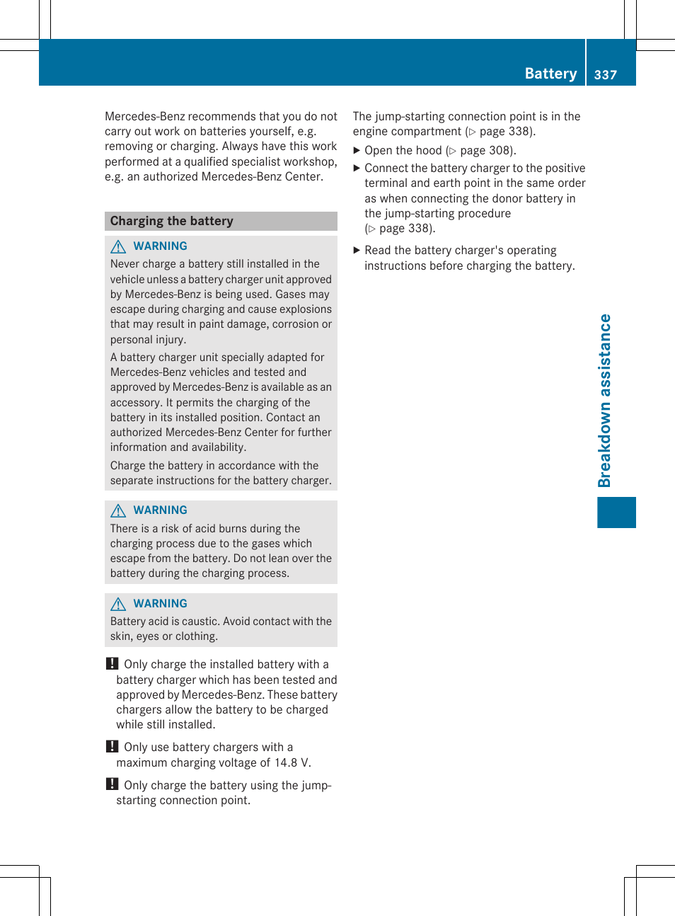 Charging the battery, Breakdown assistance, Battery | Mercedes-Benz E-Sedan 2012 Owners Manual User Manual | Page 339 / 396