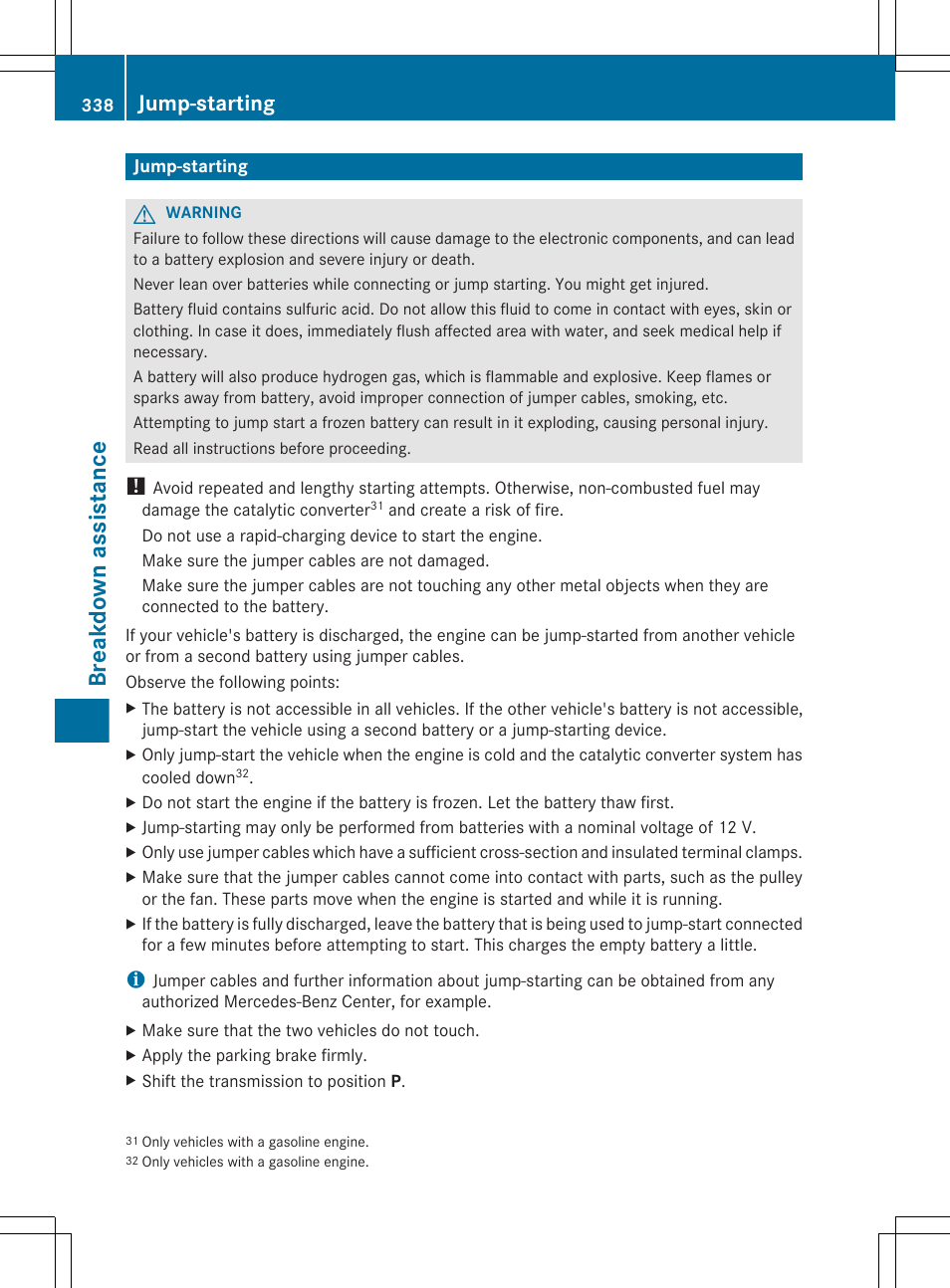 Jump-starting, Jump-start the vehicle, Engine compartment | Breakdown assistance | Mercedes-Benz E-Sedan 2012 Owners Manual User Manual | Page 340 / 396