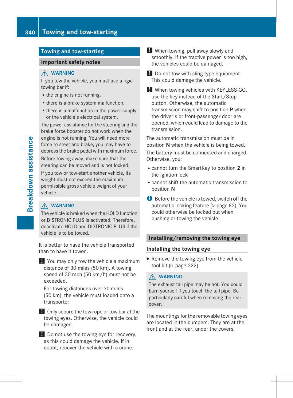 Towing and tow-starting, Important safety notes, Installing/removing the towing eye | Breakdown assistance | Mercedes-Benz E-Sedan 2012 Owners Manual User Manual | Page 342 / 396