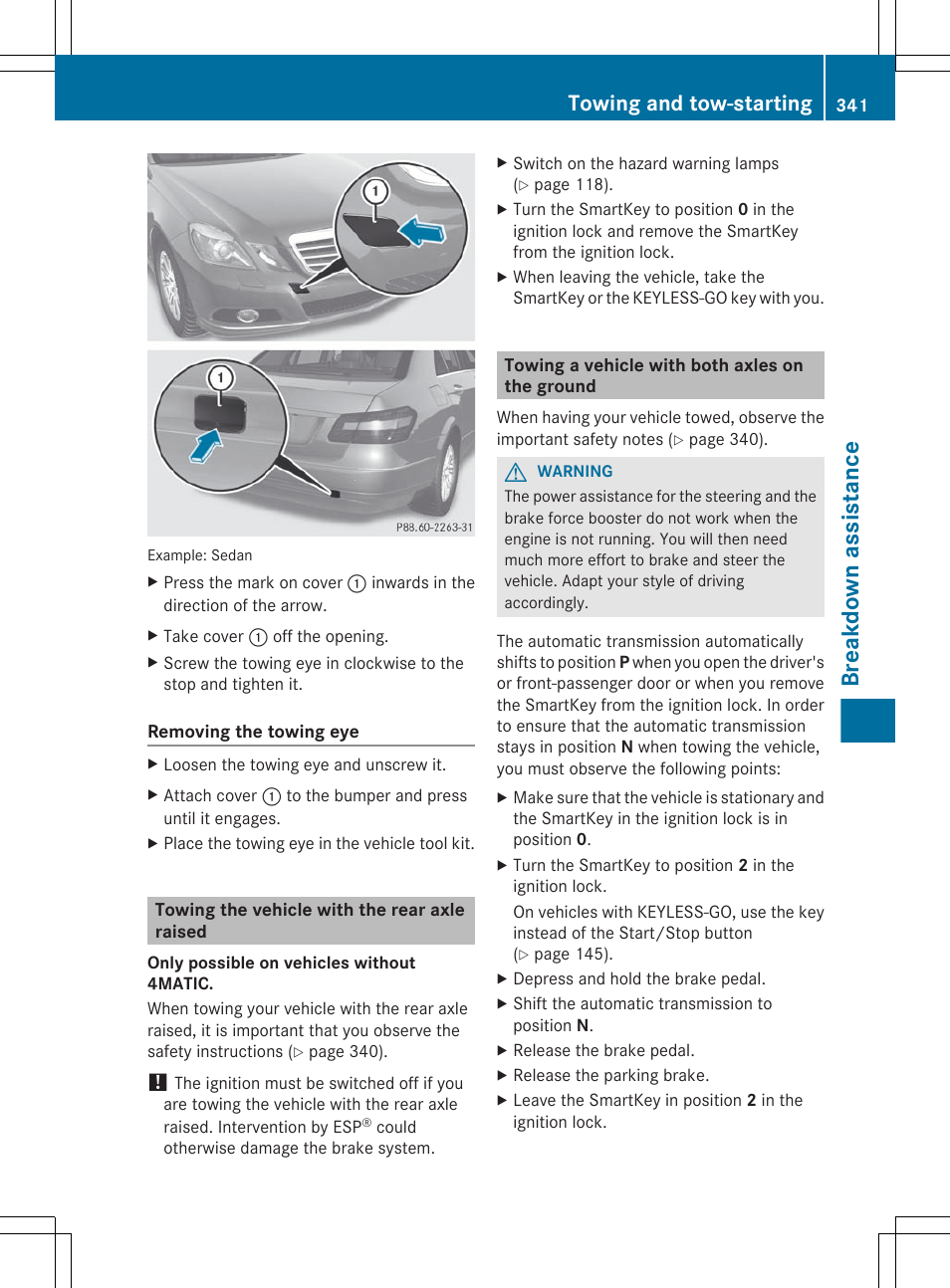 Towing the vehicle with the rear axle raised, Towing a vehicle with both axles on the ground, Breakdown assistance | Towing and tow-starting | Mercedes-Benz E-Sedan 2012 Owners Manual User Manual | Page 343 / 396