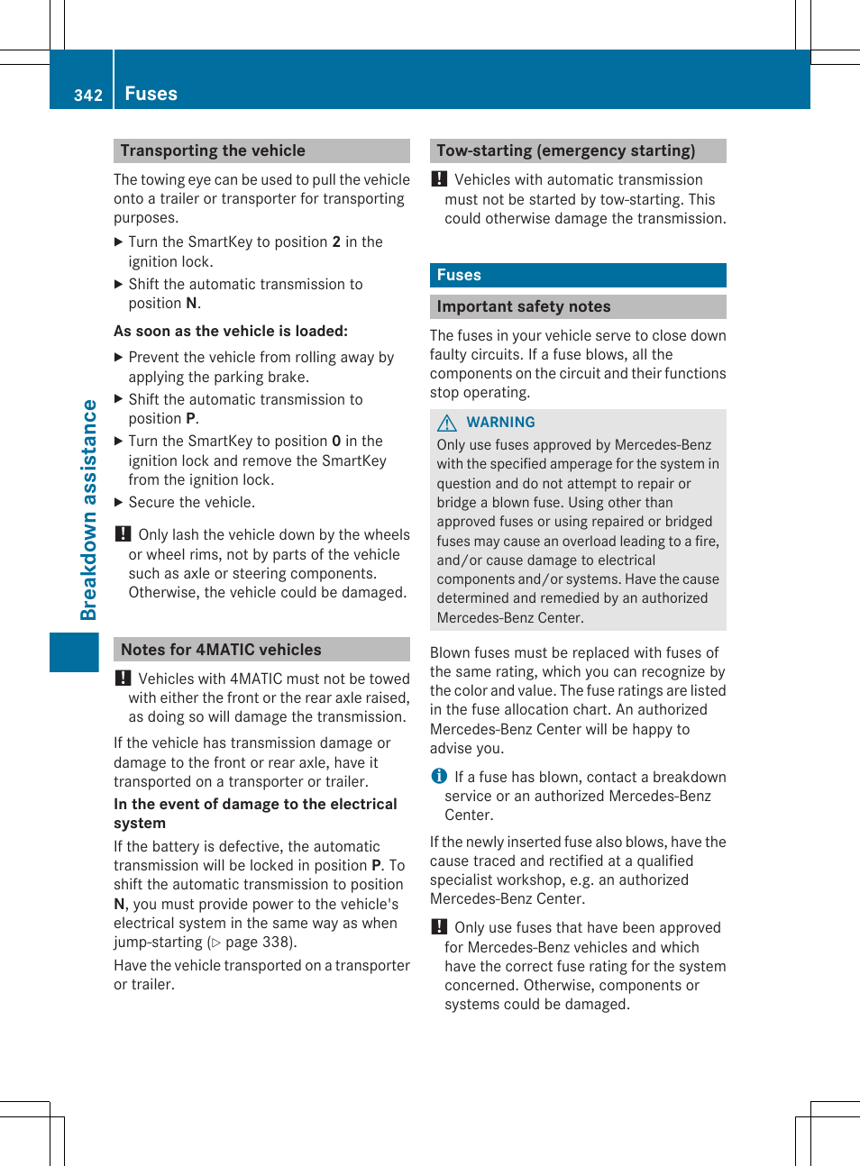 Transporting the vehicle, Notes for 4matic vehicles, Tow-starting (emergency starting) | Fuses, Important safety notes, Breakdown assistance | Mercedes-Benz E-Sedan 2012 Owners Manual User Manual | Page 344 / 396