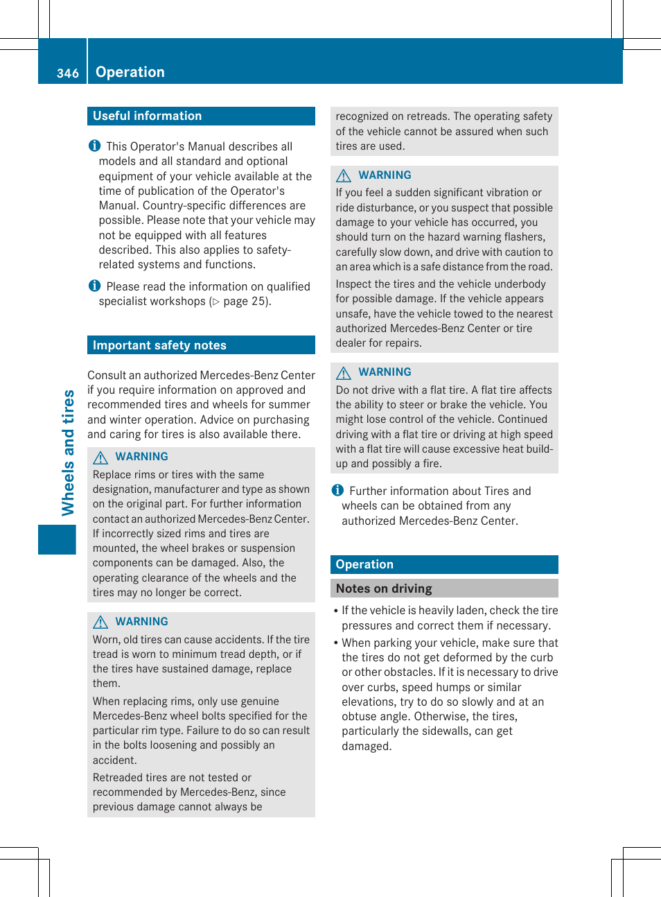 Wheels and tires, Useful information, Important safety notes | Operation, Notes on driving | Mercedes-Benz E-Sedan 2012 Owners Manual User Manual | Page 348 / 396