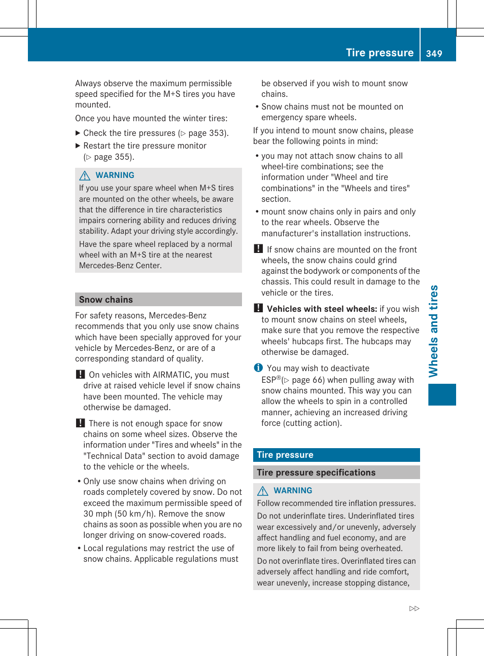 Snow chains, Tire pressure, Tire pressure specifications | Wheels and tires | Mercedes-Benz E-Sedan 2012 Owners Manual User Manual | Page 351 / 396