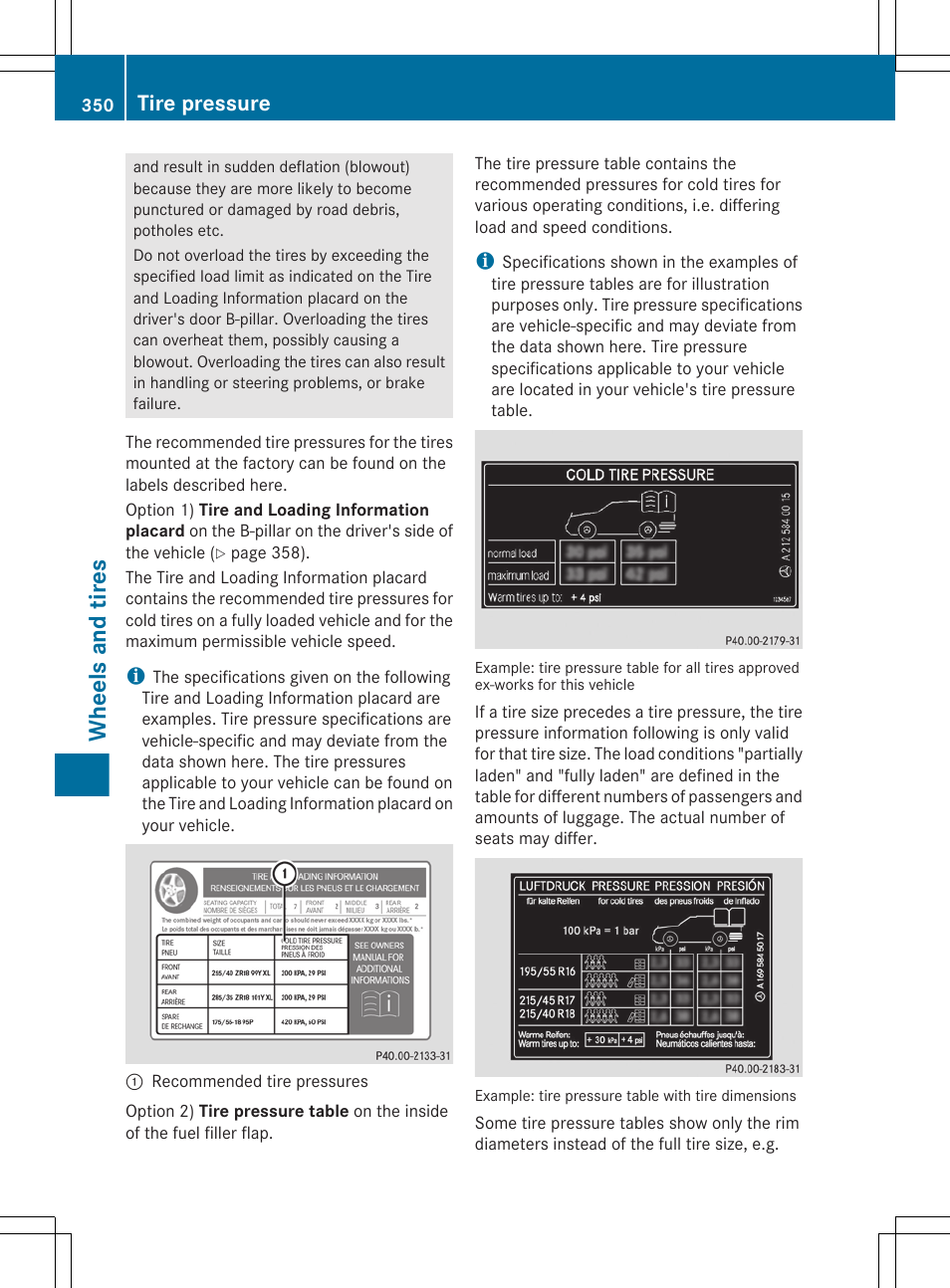 Wheels and tires, Tire pressure | Mercedes-Benz E-Sedan 2012 Owners Manual User Manual | Page 352 / 396