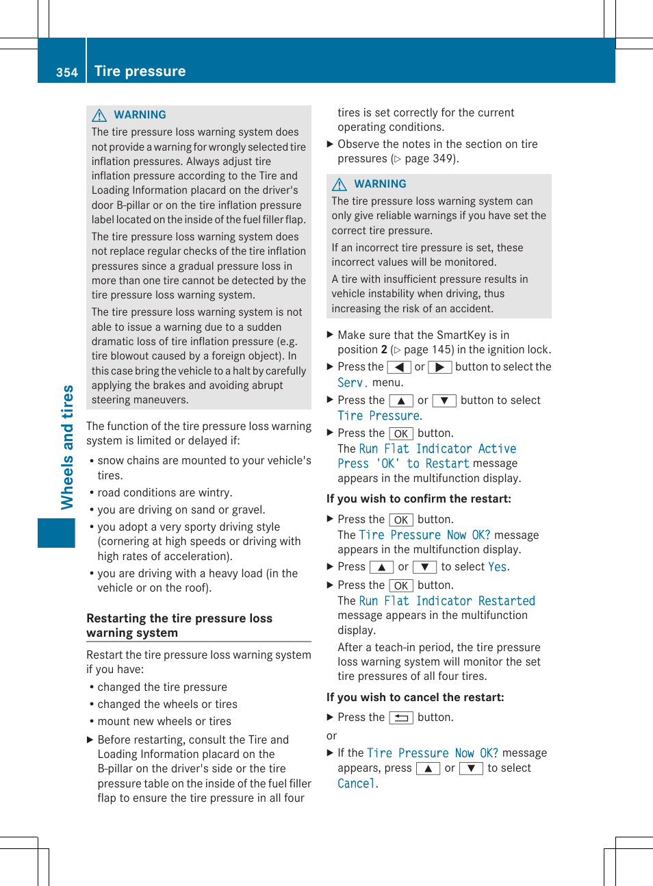 Wheels and tires, Tire pressure | Mercedes-Benz E-Sedan 2012 Owners Manual User Manual | Page 356 / 396