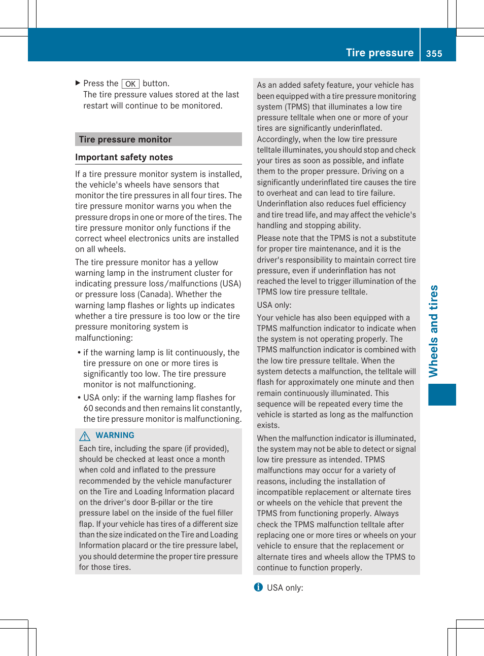 Tire pressure monitor, Correct the tire pressure, Wheels and tires | Tire pressure | Mercedes-Benz E-Sedan 2012 Owners Manual User Manual | Page 357 / 396