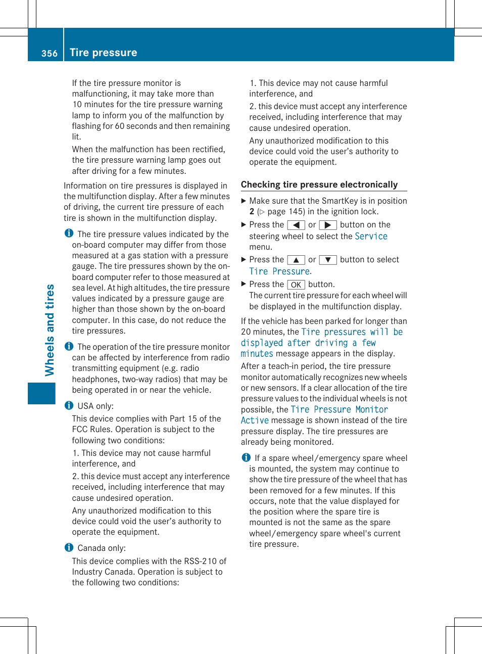 Wheels and tires, Tire pressure | Mercedes-Benz E-Sedan 2012 Owners Manual User Manual | Page 358 / 396