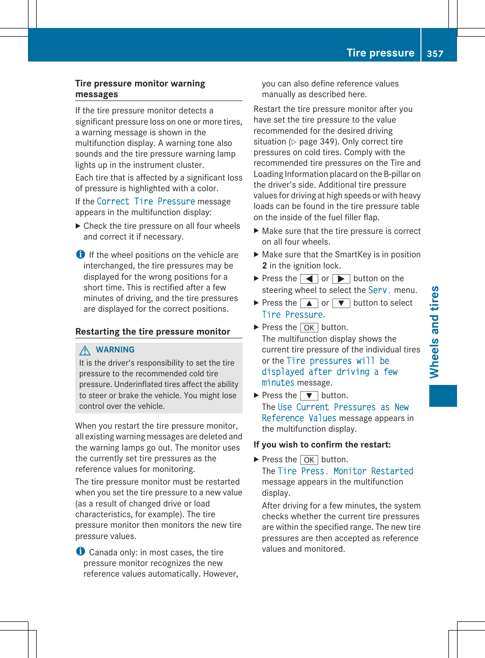 Restart the tire pressure monitor, Wheels and tires, Tire pressure | Mercedes-Benz E-Sedan 2012 Owners Manual User Manual | Page 359 / 396