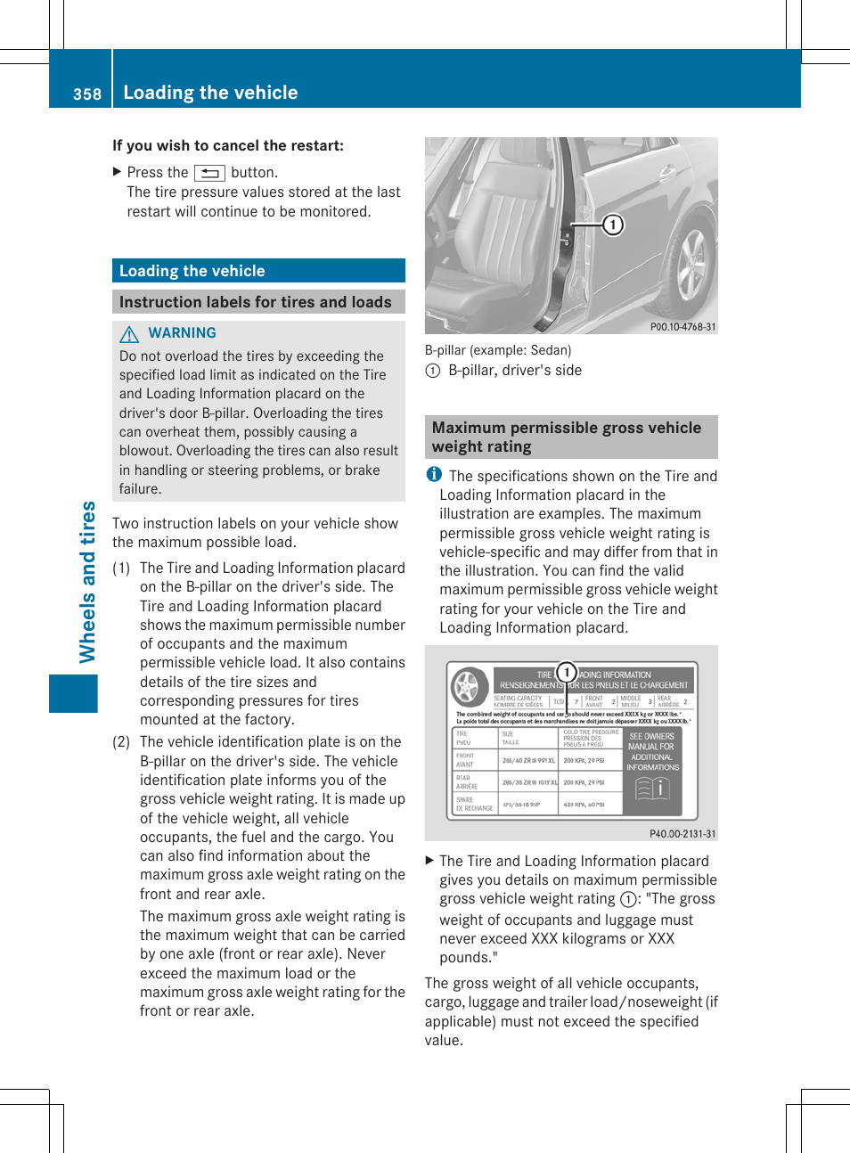 Loading the vehicle, Instruction labels for tires and loads, Maximum permissible gross vehicle weight rating | Wheels and tires | Mercedes-Benz E-Sedan 2012 Owners Manual User Manual | Page 360 / 396