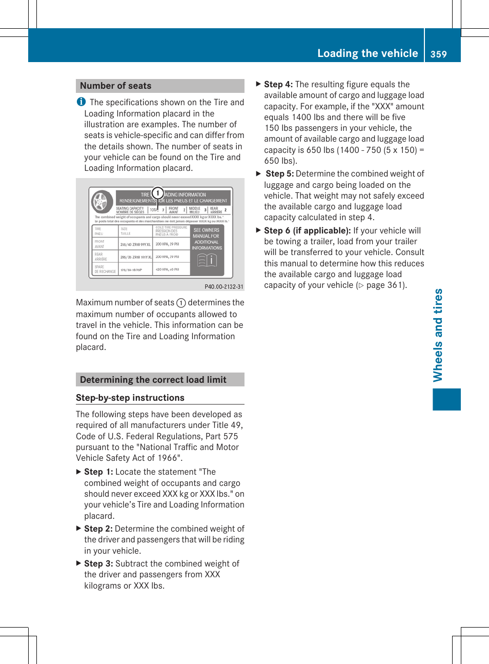 Number of seats, Determining the correct load limit, Wheels and tires | Loading the vehicle | Mercedes-Benz E-Sedan 2012 Owners Manual User Manual | Page 361 / 396