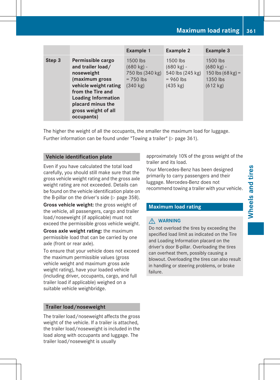 Vehicle identification plate, Trailer load/noseweight, Maximum load rating | Wheels and tires | Mercedes-Benz E-Sedan 2012 Owners Manual User Manual | Page 363 / 396