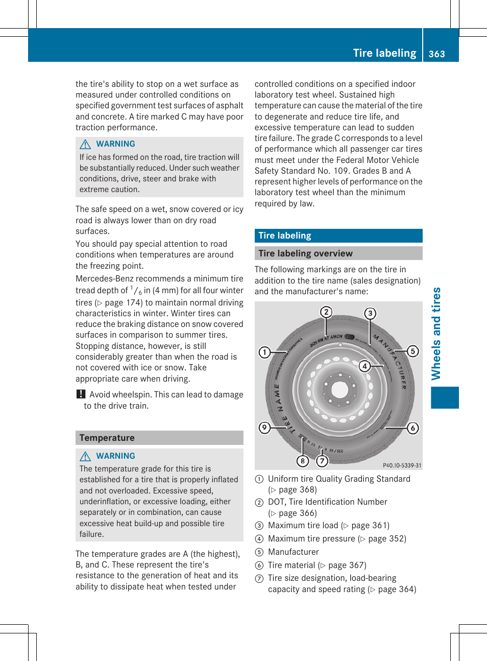 Temperature, Tire labeling, Tire labeling overview | Wheels and tires | Mercedes-Benz E-Sedan 2012 Owners Manual User Manual | Page 365 / 396