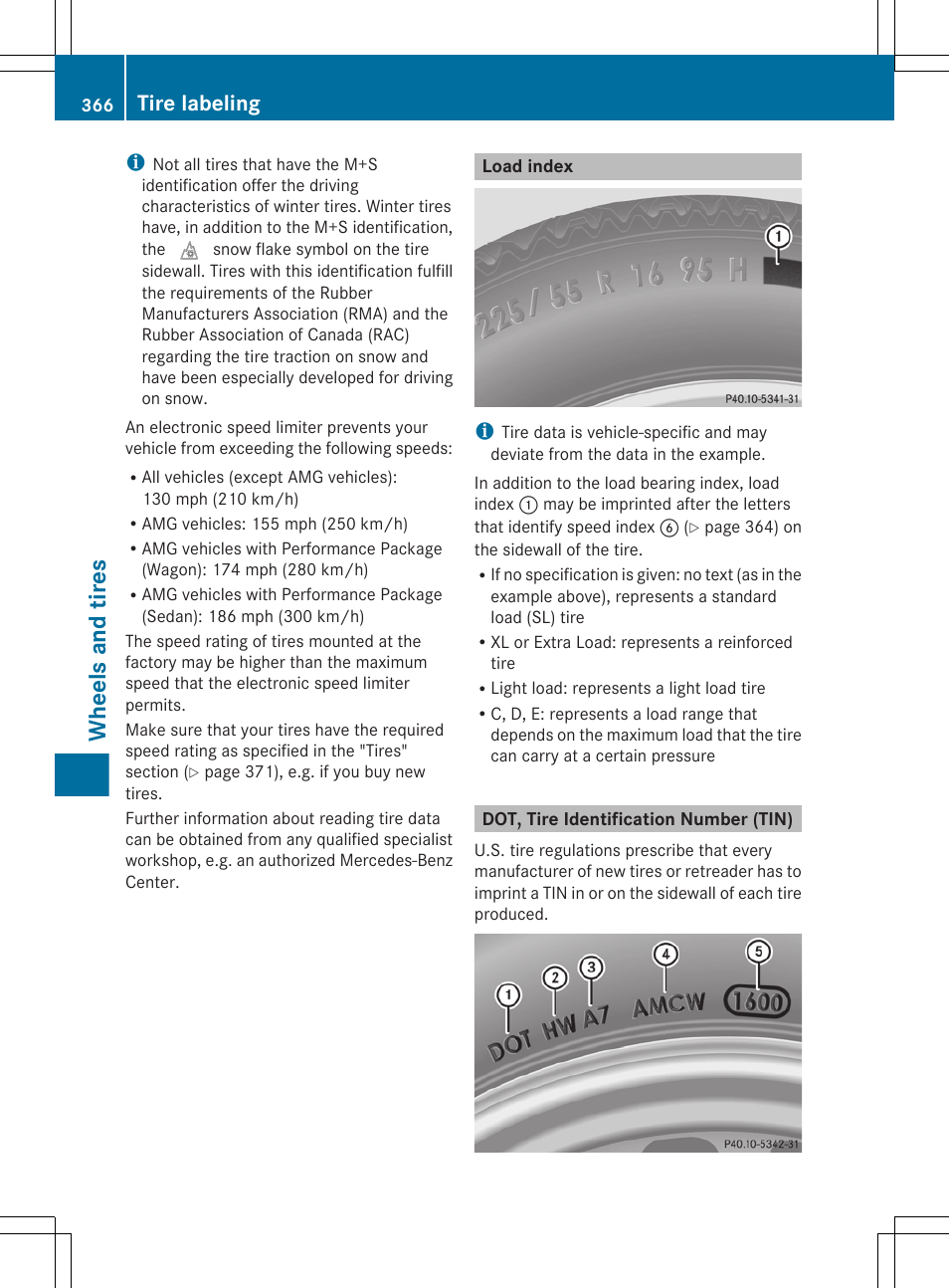 Load index, Dot, tire identification number (tin), Index, see load index | Wheels and tires, Tire labeling | Mercedes-Benz E-Sedan 2012 Owners Manual User Manual | Page 368 / 396