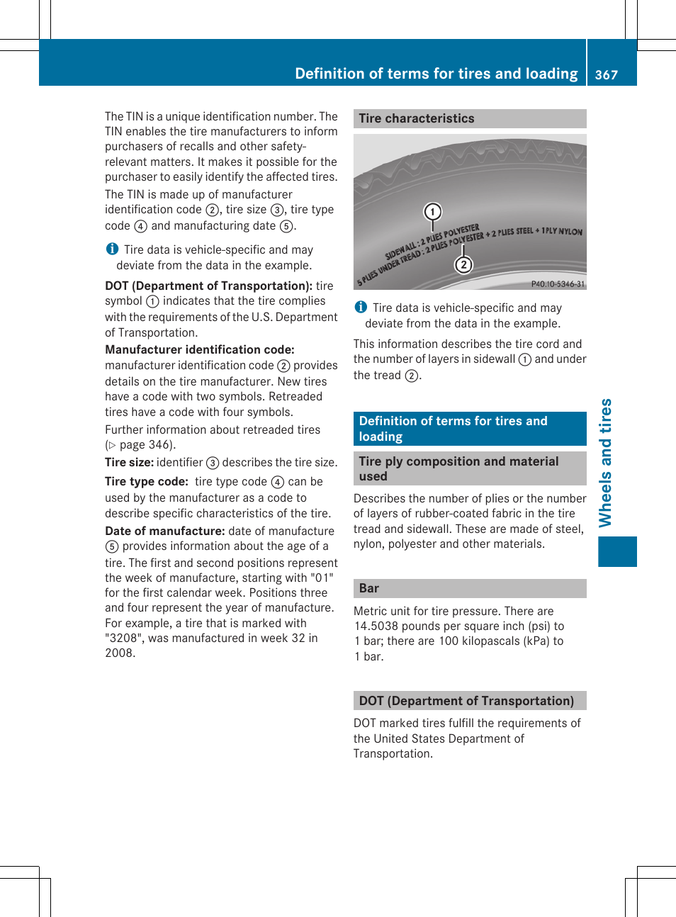 Tire characteristics, Definition of terms for tires and loading, Tire ply composition and material used | Dot (department of transportation), Wheels and tires | Mercedes-Benz E-Sedan 2012 Owners Manual User Manual | Page 369 / 396