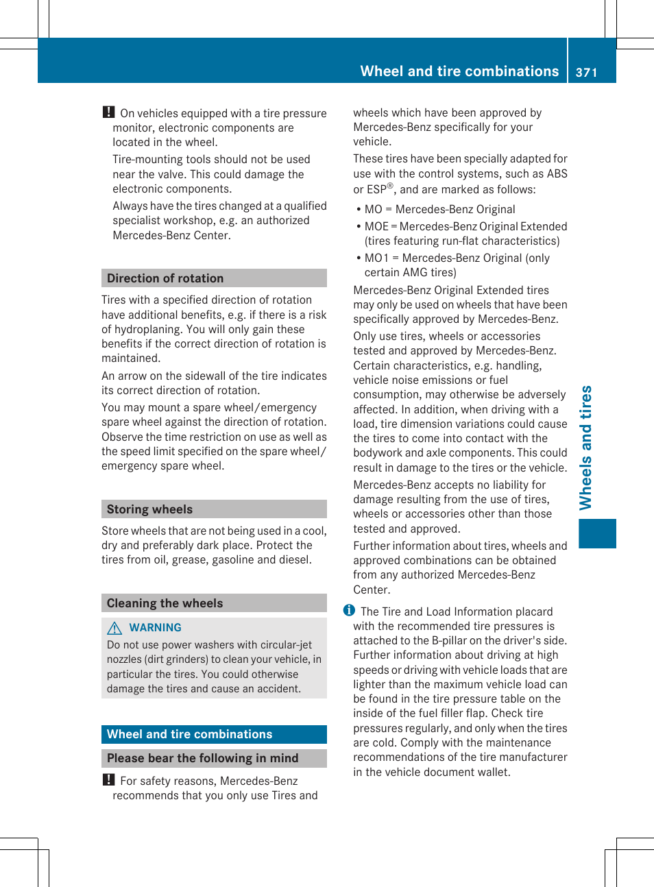 Direction of rotation, Storing wheels, Cleaning the wheels | Wheel and tire combinations, Please bear the following in mind, Section, Wheels and tires | Mercedes-Benz E-Sedan 2012 Owners Manual User Manual | Page 373 / 396