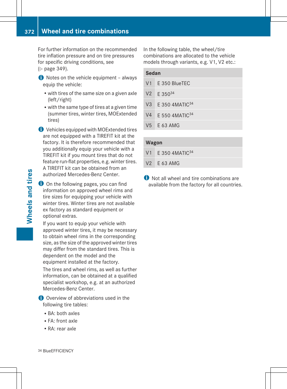 Wheels and tires, Wheel and tire combinations | Mercedes-Benz E-Sedan 2012 Owners Manual User Manual | Page 374 / 396