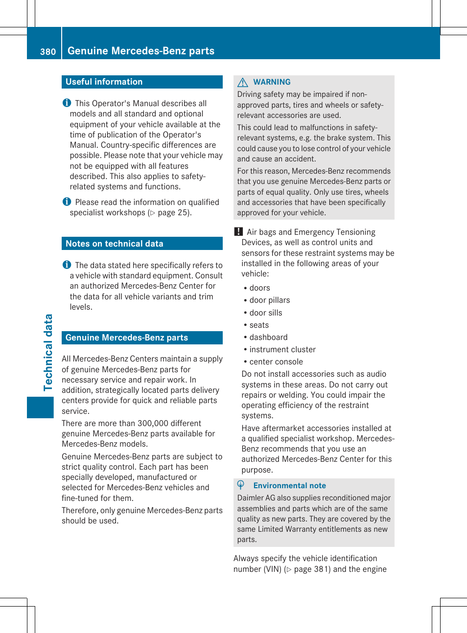 Technical data, Useful information, Notes on technical data | Genuine mercedes-benz parts | Mercedes-Benz E-Sedan 2012 Owners Manual User Manual | Page 382 / 396