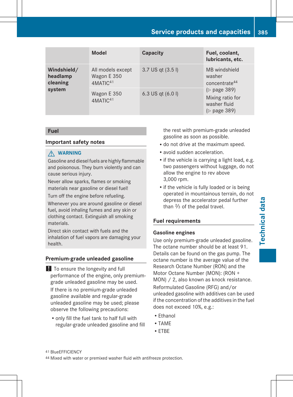 Fuel, Technical data, Service products and capacities | Mercedes-Benz E-Sedan 2012 Owners Manual User Manual | Page 387 / 396