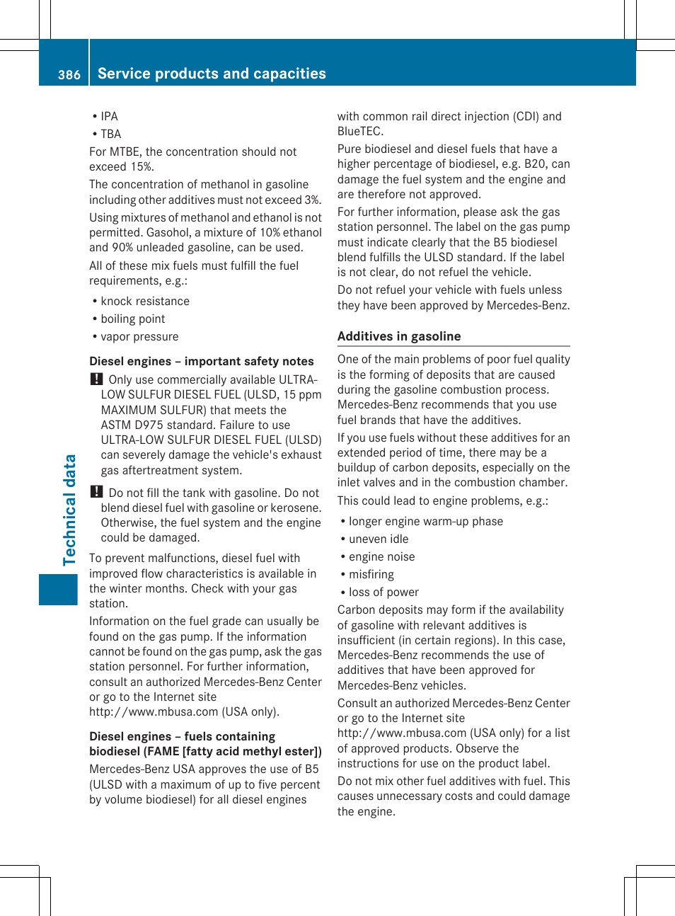 Technical data, Service products and capacities | Mercedes-Benz E-Sedan 2012 Owners Manual User Manual | Page 388 / 396