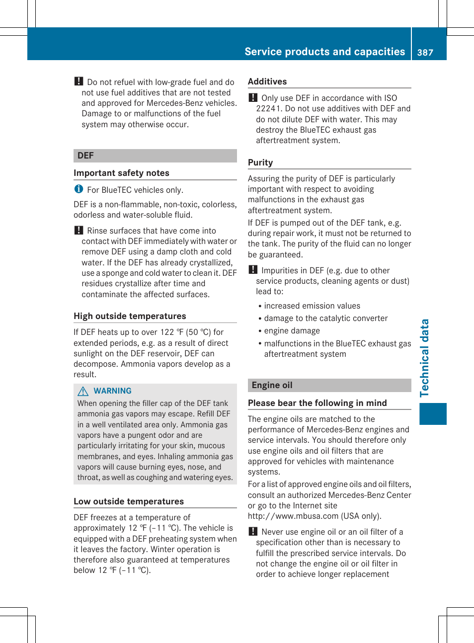 Engine oil, Technical data, Service products and capacities | Mercedes-Benz E-Sedan 2012 Owners Manual User Manual | Page 389 / 396