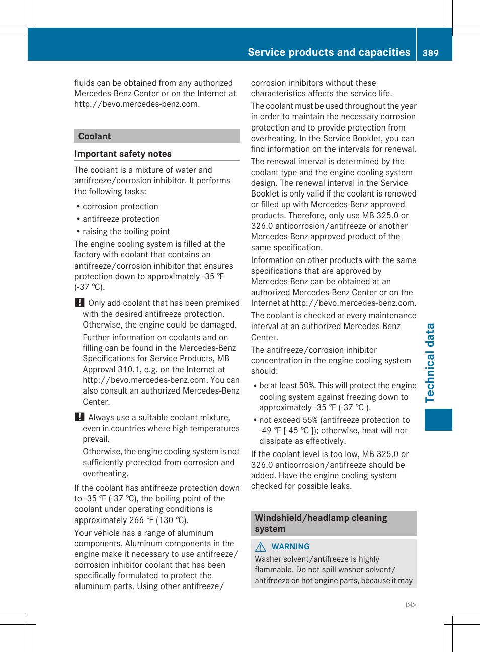 Coolant, Windshield/headlamp cleaning system, Technical data | Service products and capacities | Mercedes-Benz E-Sedan 2012 Owners Manual User Manual | Page 391 / 396