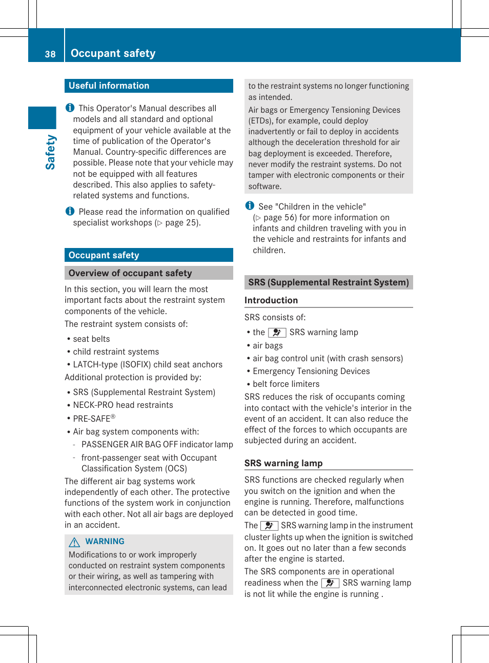 Safety, Useful information, Occupant safety | Overview of occupant safety, Srs (supplemental restraint system) | Mercedes-Benz E-Sedan 2012 Owners Manual User Manual | Page 40 / 396