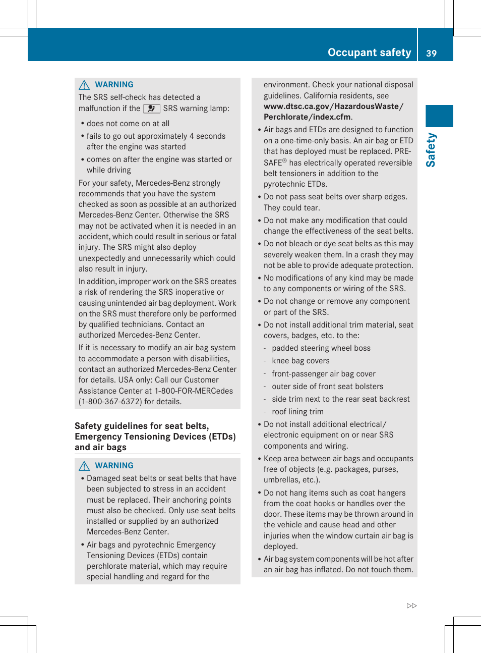 Safety, Occupant safety | Mercedes-Benz E-Sedan 2012 Owners Manual User Manual | Page 41 / 396