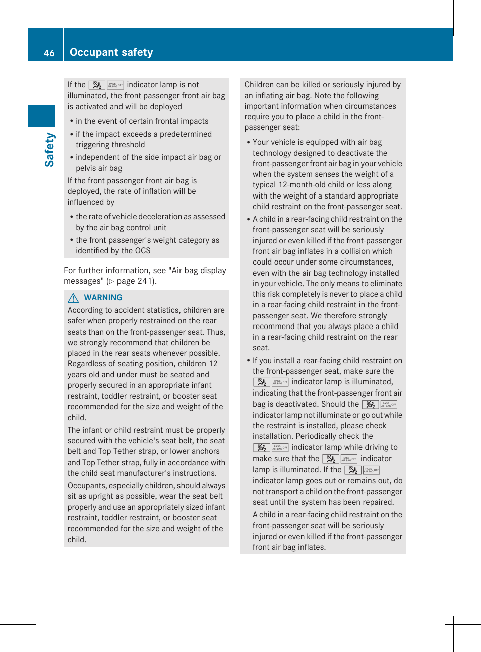 Safety, Occupant safety | Mercedes-Benz E-Sedan 2012 Owners Manual User Manual | Page 48 / 396