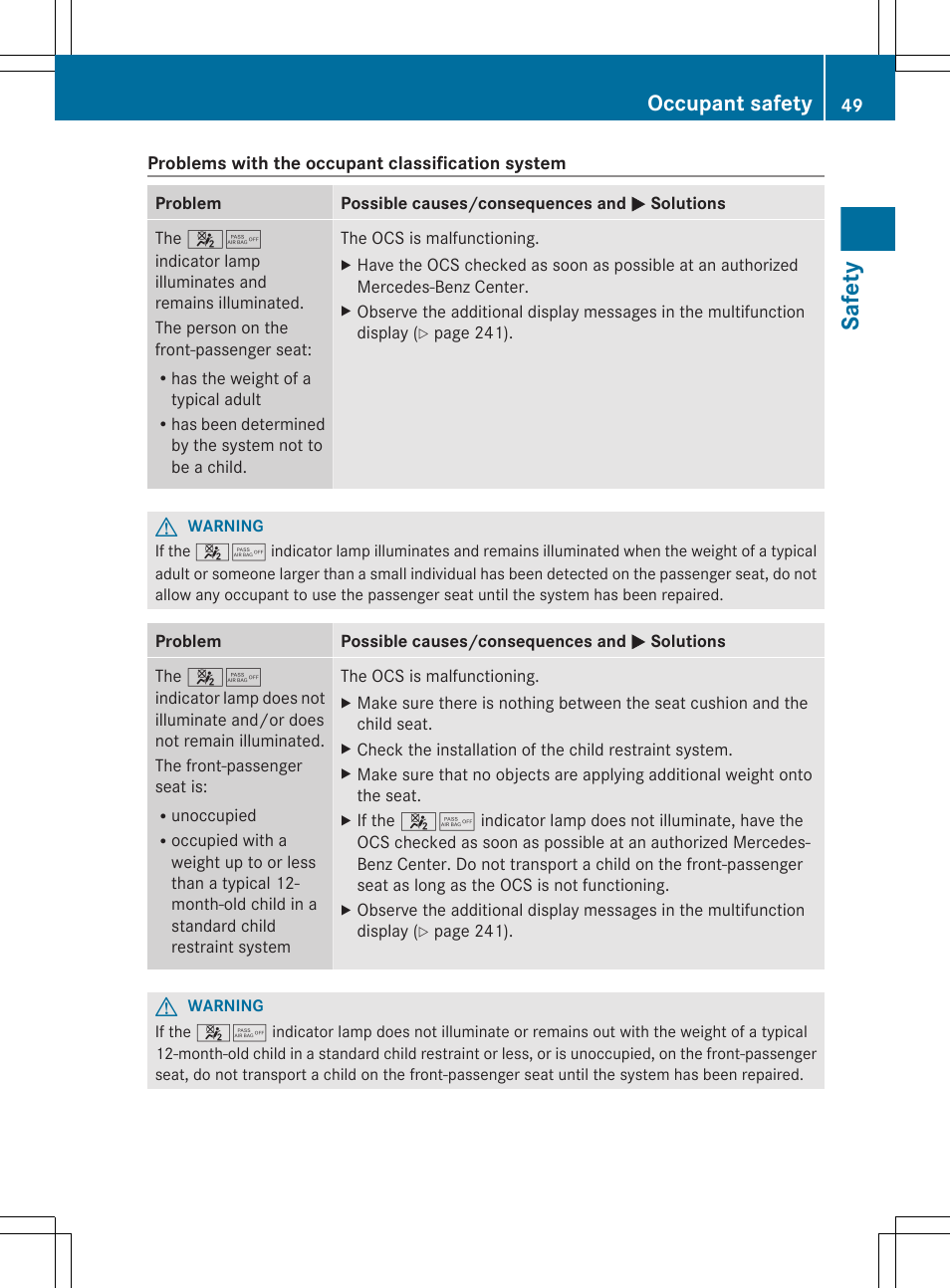 Safety, Occupant safety | Mercedes-Benz E-Sedan 2012 Owners Manual User Manual | Page 51 / 396