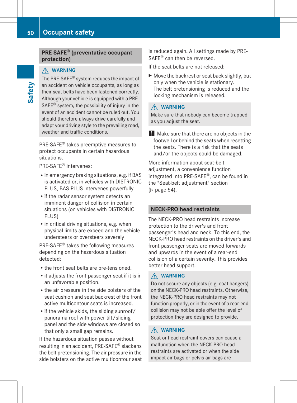 Pre-safe® (preventative occupant protection), Neck-pro head restraints, Safety | Occupant safety | Mercedes-Benz E-Sedan 2012 Owners Manual User Manual | Page 52 / 396